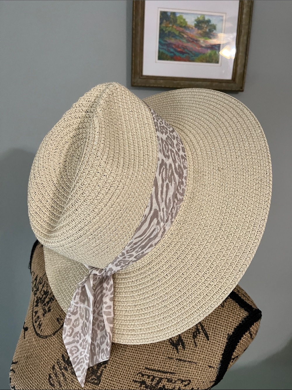 Women’s Vince Camuto Wide Brim Straw Sun Hat with Leopard Scarf - Beige